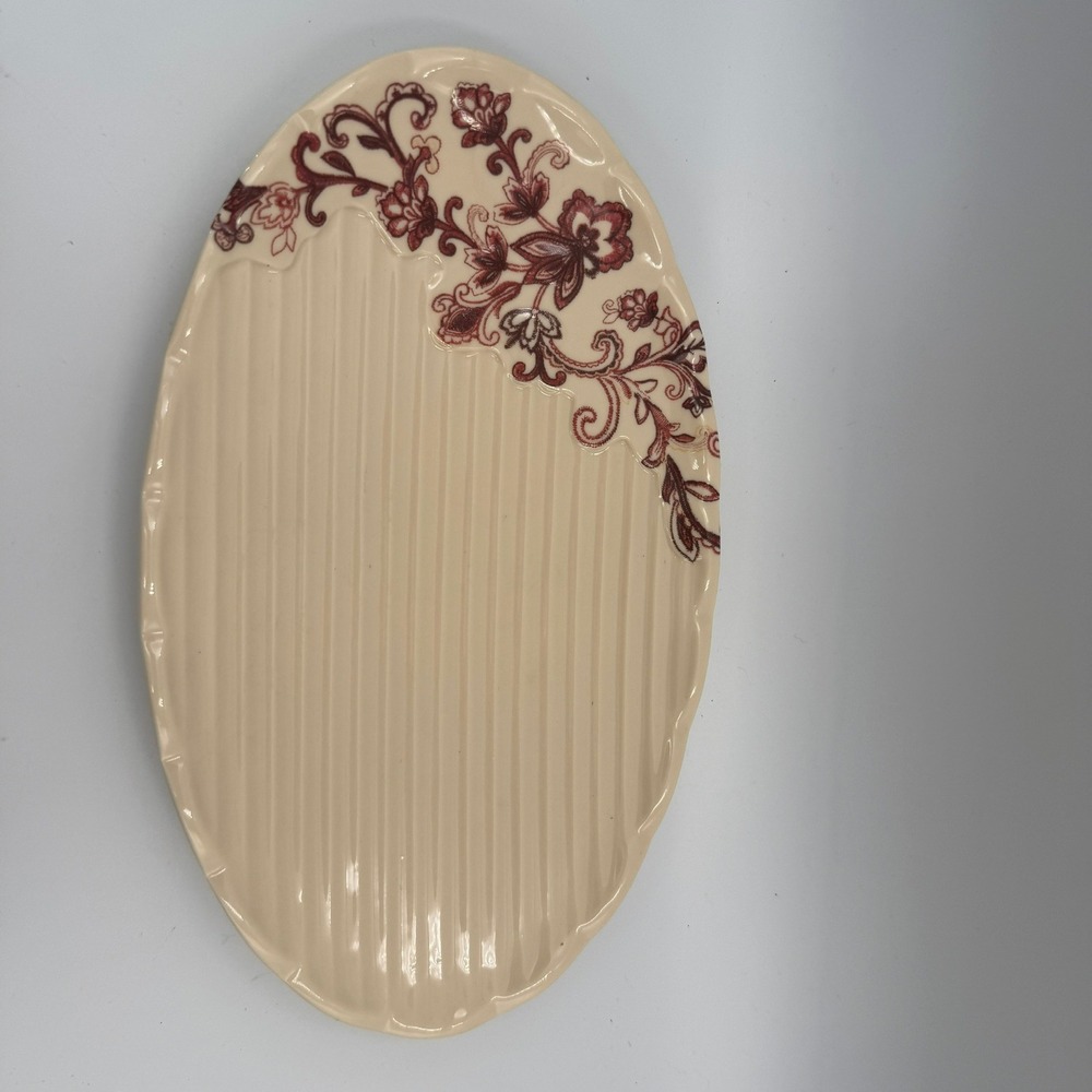Reba Cream Ceramic Oval Serving Platter Burgundy Floral Scalloped Ribbed Serving